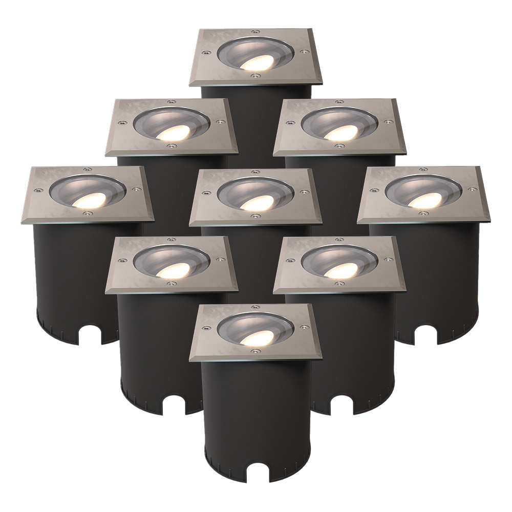 9x Cody LED Grondspots RVS - GU10 4,5W 345lm dimbaar - 4000K - Vierkant - IP67