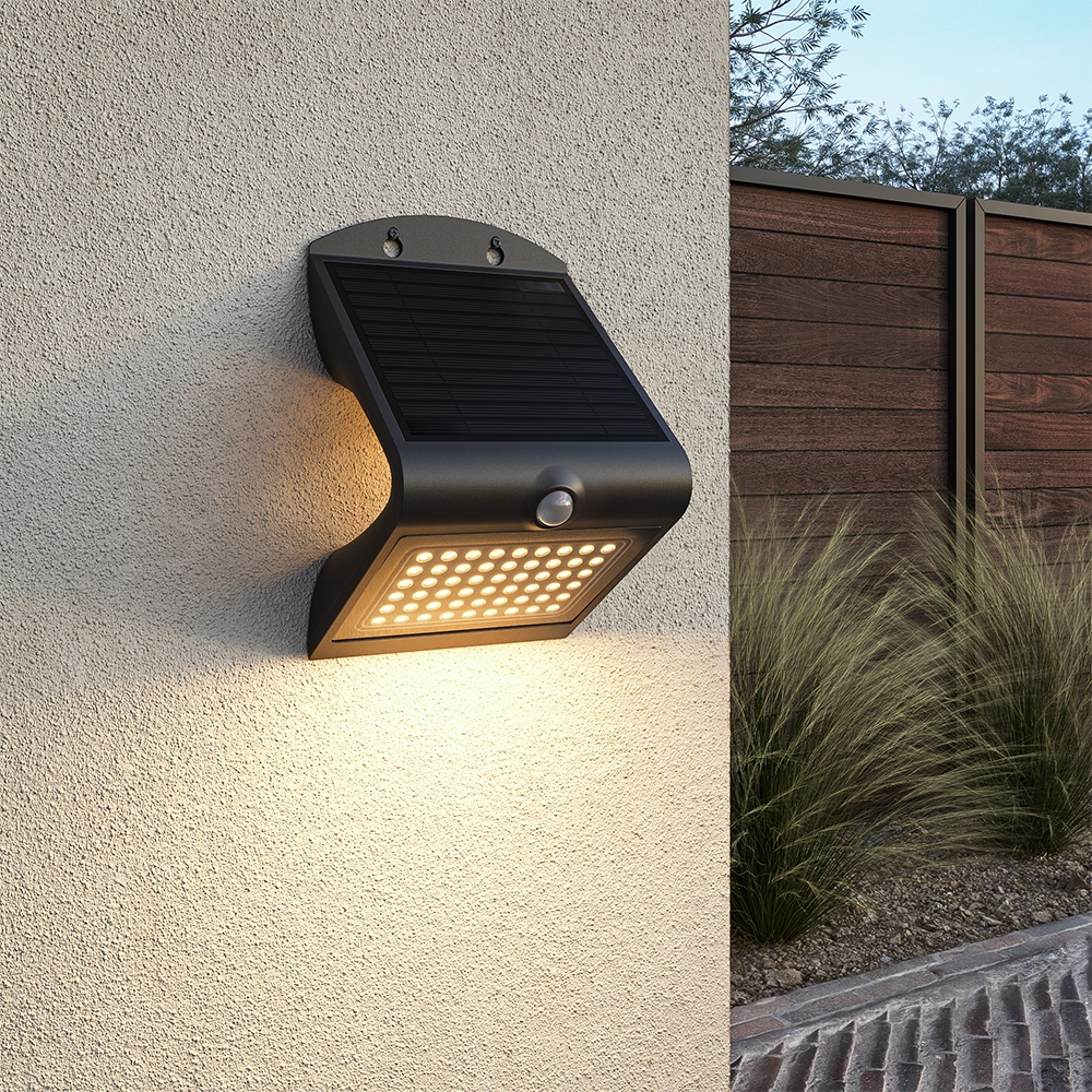Rhodes LED Solar Wandlamp met bewegingssensor 2 lichtstanden 56 LEDS 3000K Warm wit