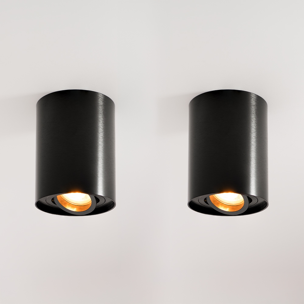 2x Solis nero - Cilindervormige opbouwspot met enkel lichtaccent en een geborstelde zwarte coating