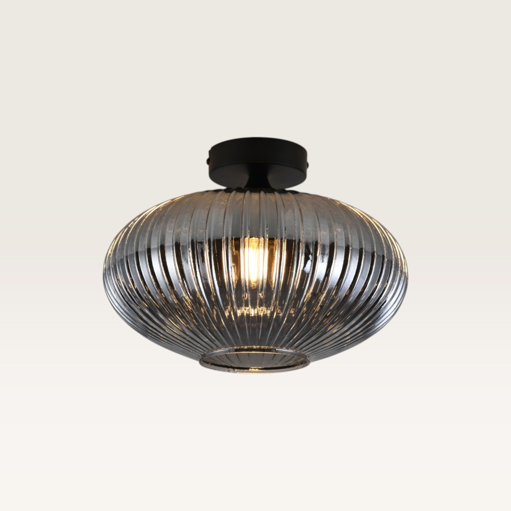 Plafondlamp Ovale vetro fumé - Bol van geribbeld rookglas, zwarte drager