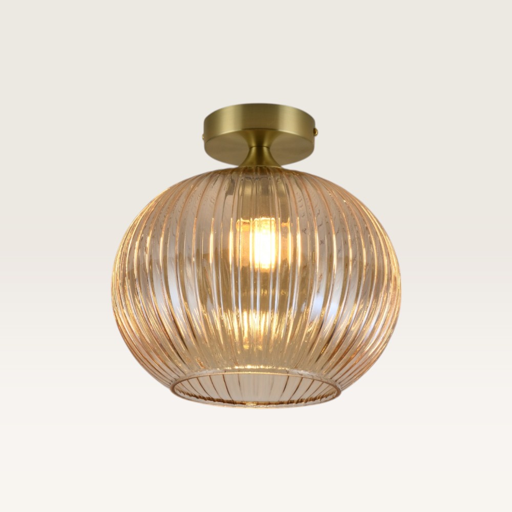 Plafondlamp Globo ambra - Bol van geribbeld amberkleurig glas