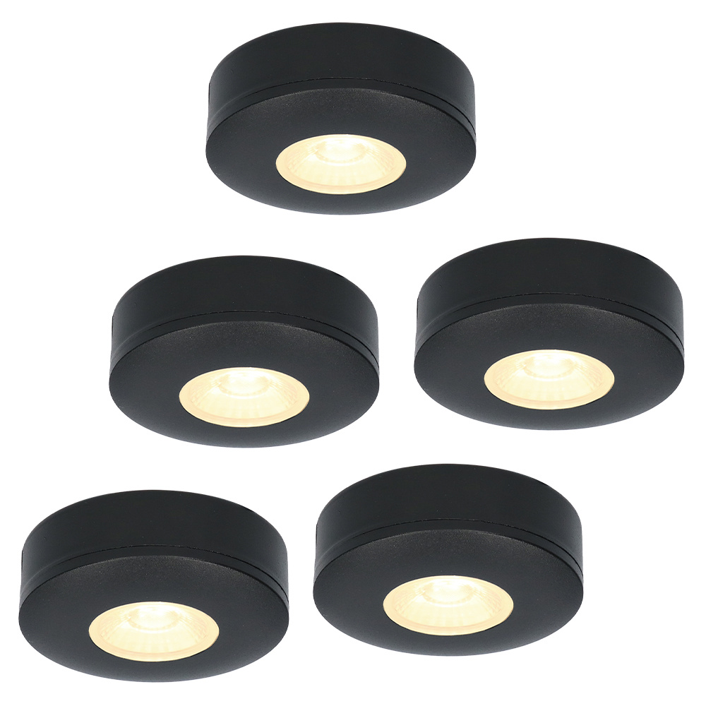 5x Pavo - Platte LED opbouwspots 23mm - 3W 300lm - 2700K - Dimbaar - IP44 - Zwart