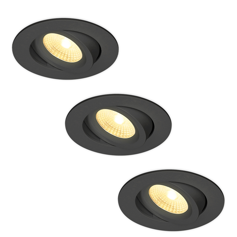 3x Salerno LED Inbouwspots - 8W 650lm - 2700K - Kantelbaar - Dimbaar - IP44 - Zwart