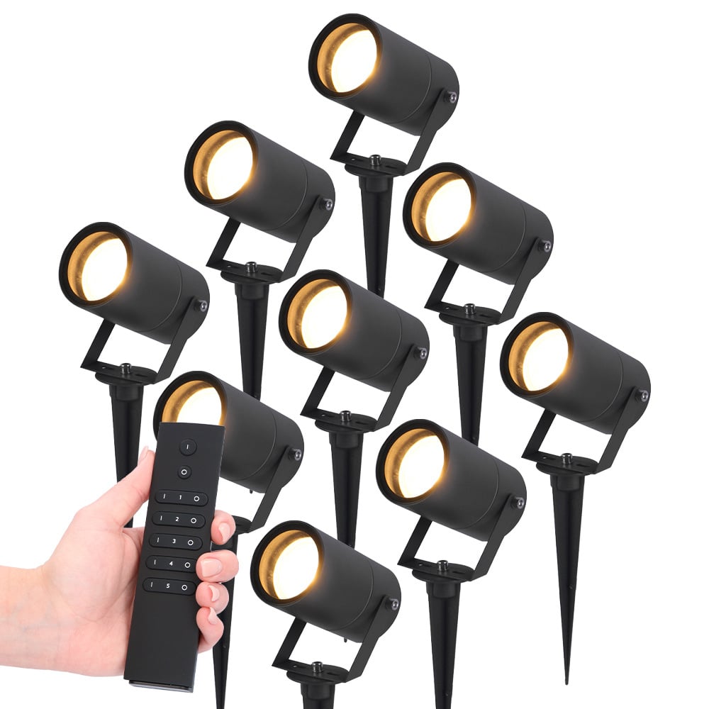 9x LED Prikspots Spikey - 2700K - zwart - IP65 - Incl. dimmerset