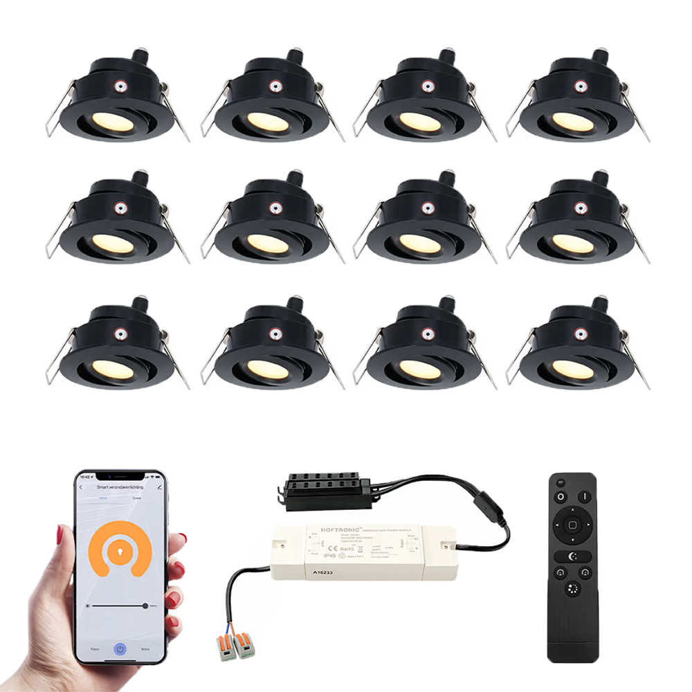 Set van 12 Sienna Smart LED Mini LED Inbouwspots met trafo - 2700K - IP44 - Zwart