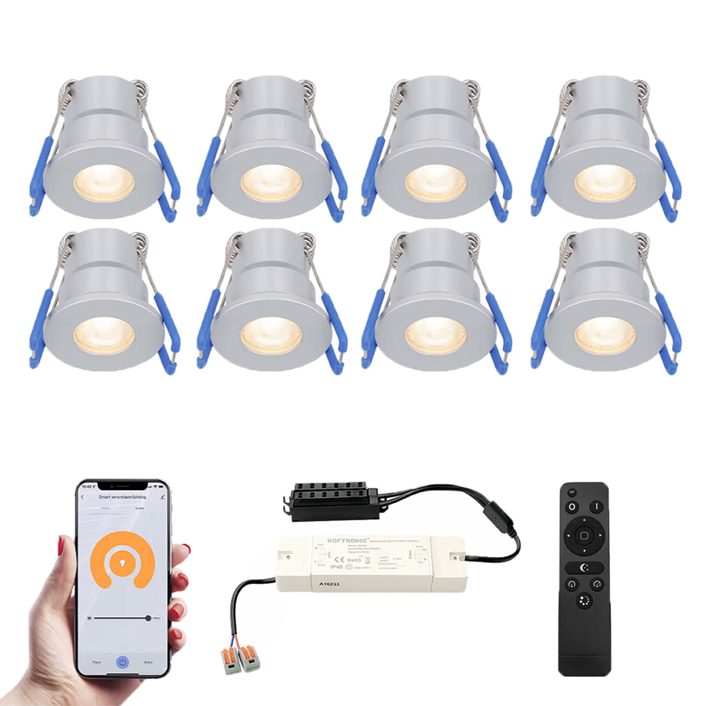 8x Milano Smart Mini LED Inbouwspots met trafo - 12V 3W 200lm - 2700K - IP65 - RVS