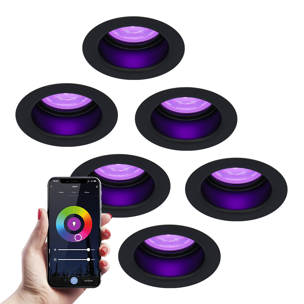6x Mari Smart Inbouwspots - 5,5W 345 Lumen - Wifi + Ble - RGBWW - GU10 - Zwart