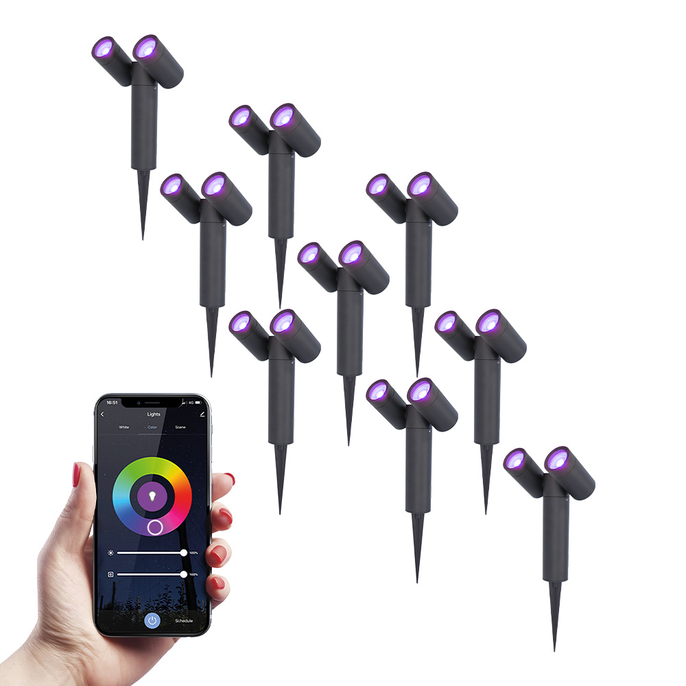 9x Pinero Dubbel LED Prikspots - WiFi+Ble - 11W 690lm - RGBWW - IP65 - Zwart