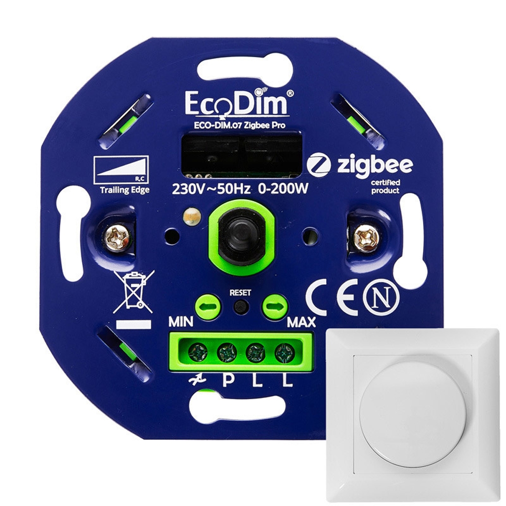 Smart LED Dimmer Zigbee Inbouw - 0-250W - Geschikt voor fase aan- en afsnijding - Incl. wit frame en draaiknop - Min./Max. Instelbaar - ECO-DIM.07.Zigbee