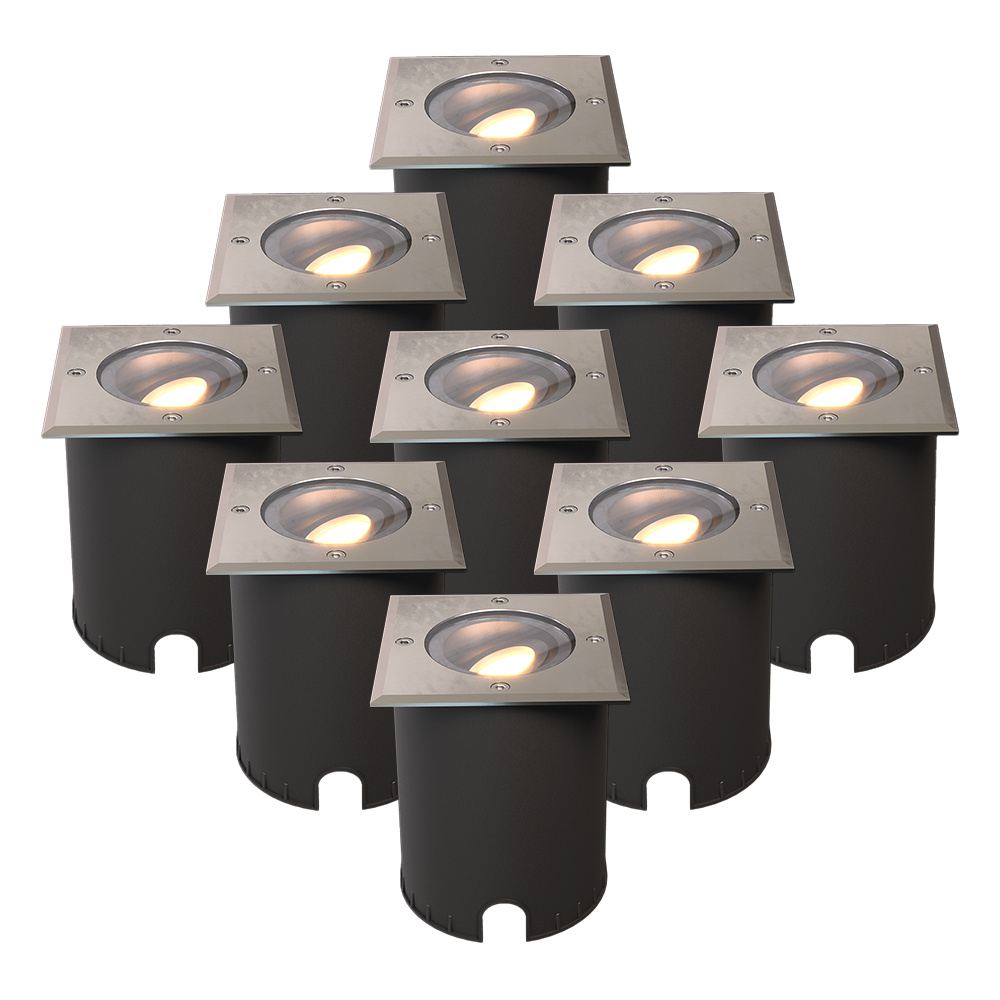 9x Cody LED Grondspots RVS - GU10 4W 345lm dimbaar - 2700K - Vierkant - IP67