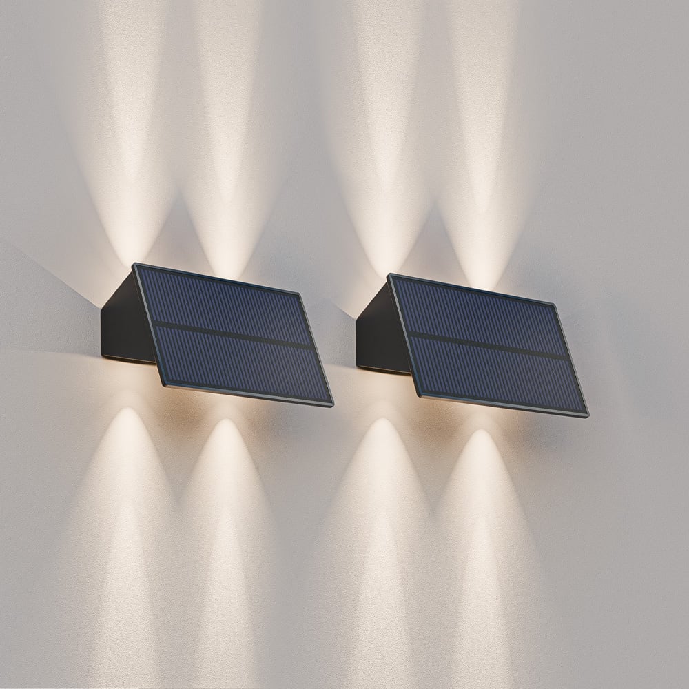 2x Roby - Solar-Wandleuchte - Up & Downlight - 2 Modi - 4 Lichter - 3000K - Schwarz