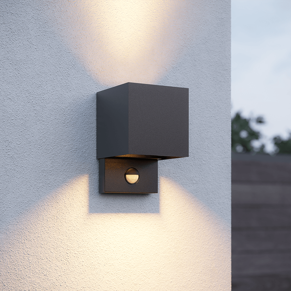 Kansas LED Wall Light PIR Sensor - IP65 - 3000K - 7W - Cube - Black