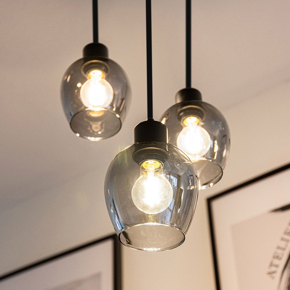 Zora - LED Pendant Lamp Smoke Glass - 3 lights - E27 - Black