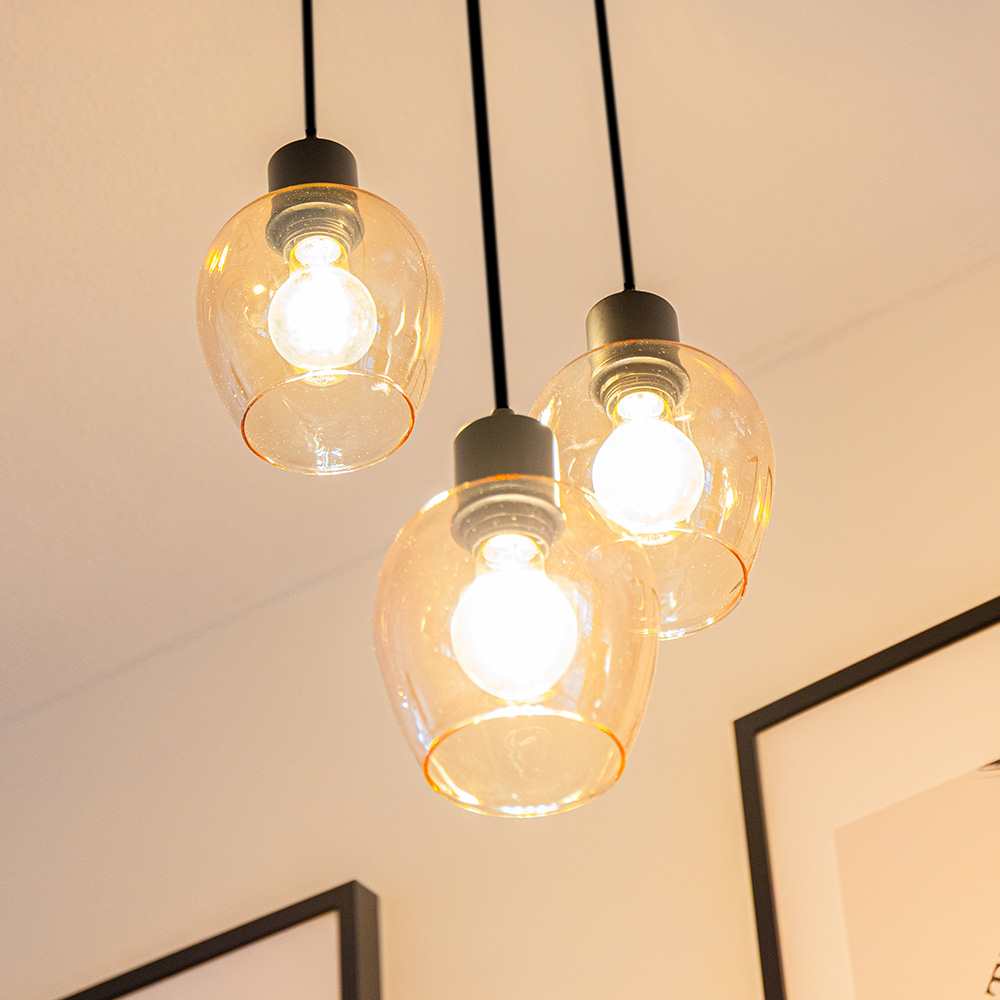 Zora - LED Pendant Lamp Glass - Amber - 3 lights - E27 - Black