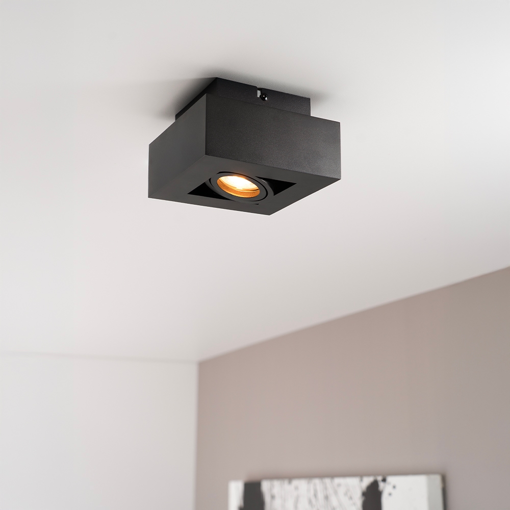 Pollux nero I - Quadratische Deckenleuchte mit schwenkbarem Strahler