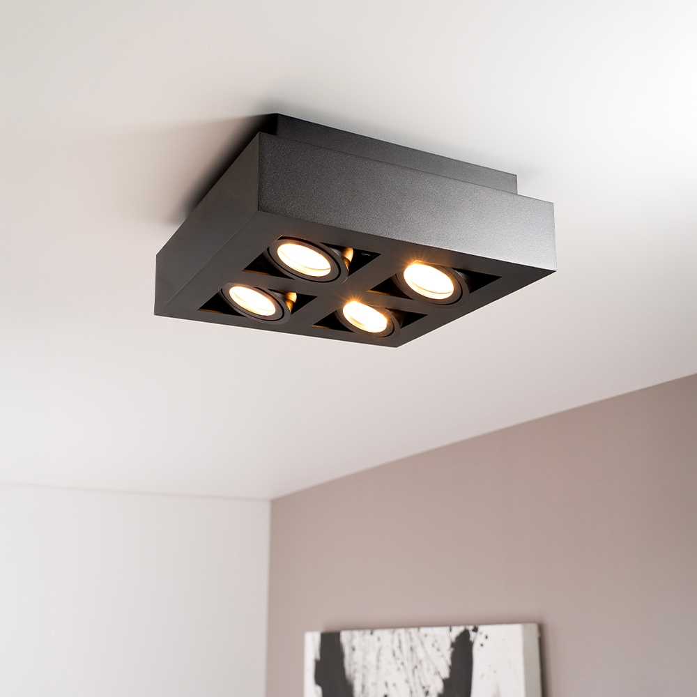 Pollux nero II II - Quadratische 4-flammige Deckenleuchte mit schwenkbaren Strahlern