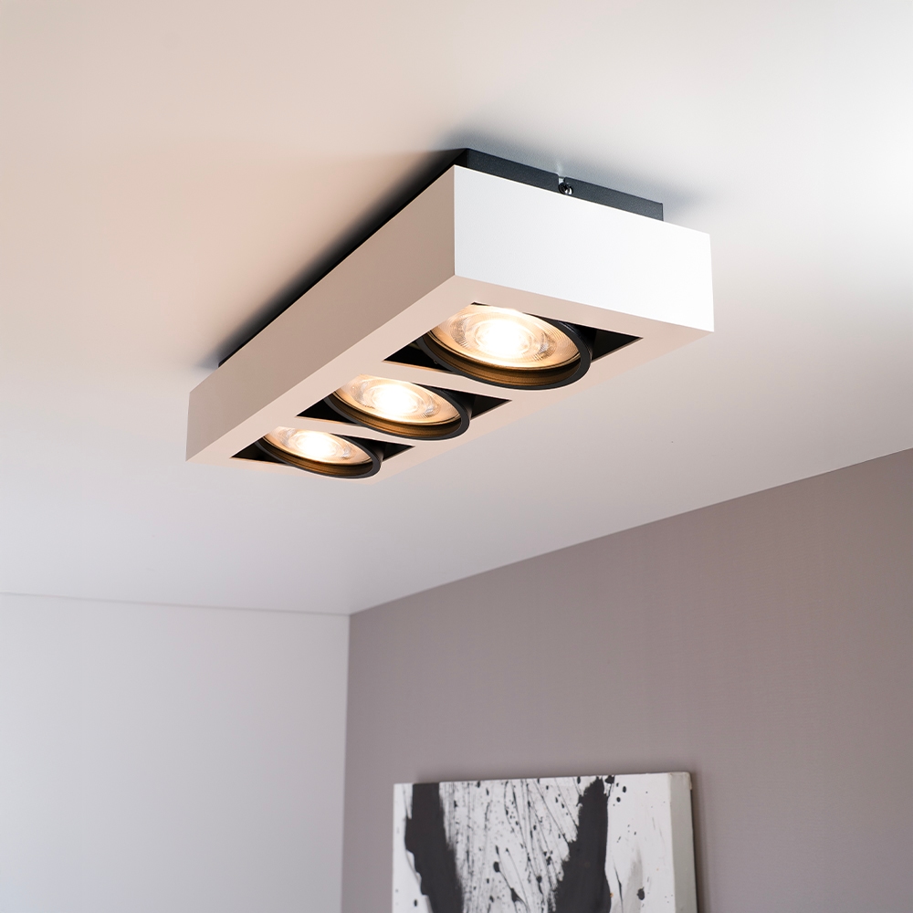 Castor bianco nero III - Rechteckige 3-flammige Deckenleuchte mit schwenkbaren Strahlern