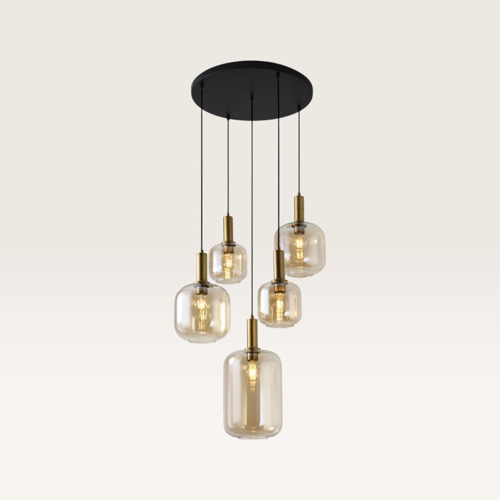 Pendant lamp Xirena ambra V - Five amber-coloured glass globes
