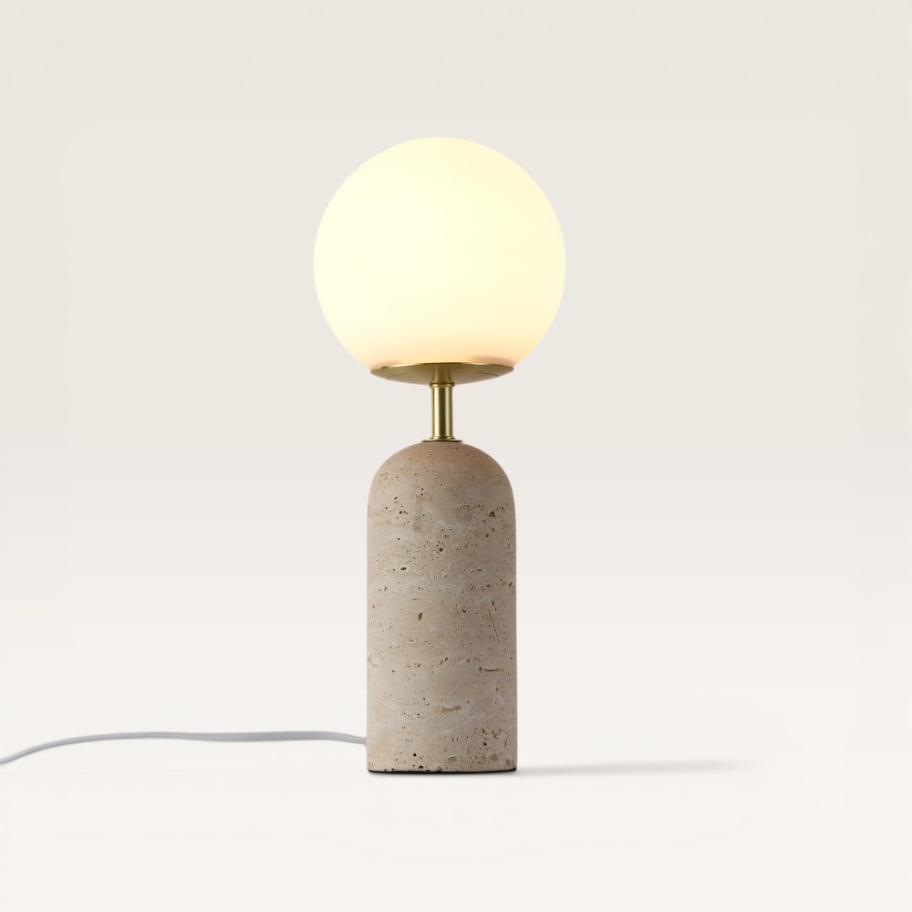 Table lamp Naeva travertino s - Handmade opal glass globe, travertine base