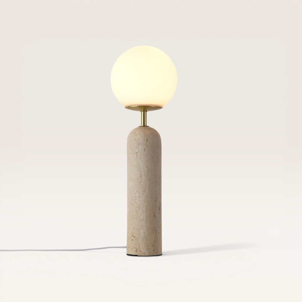 Table lamp Naeva travertino m - Handmade opal glass globe, travertine base