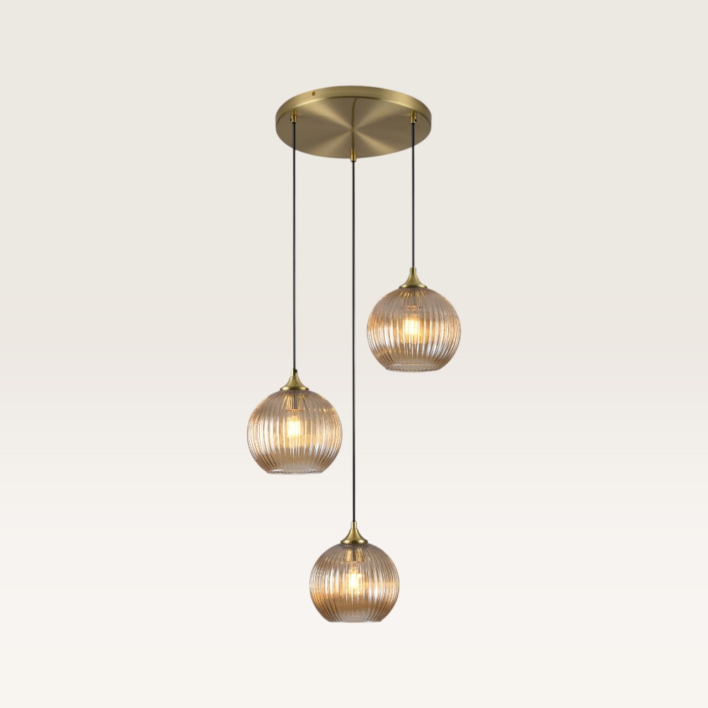 Pendant lamp Ovale pendente ambra III - Three ribbed amber glass globes