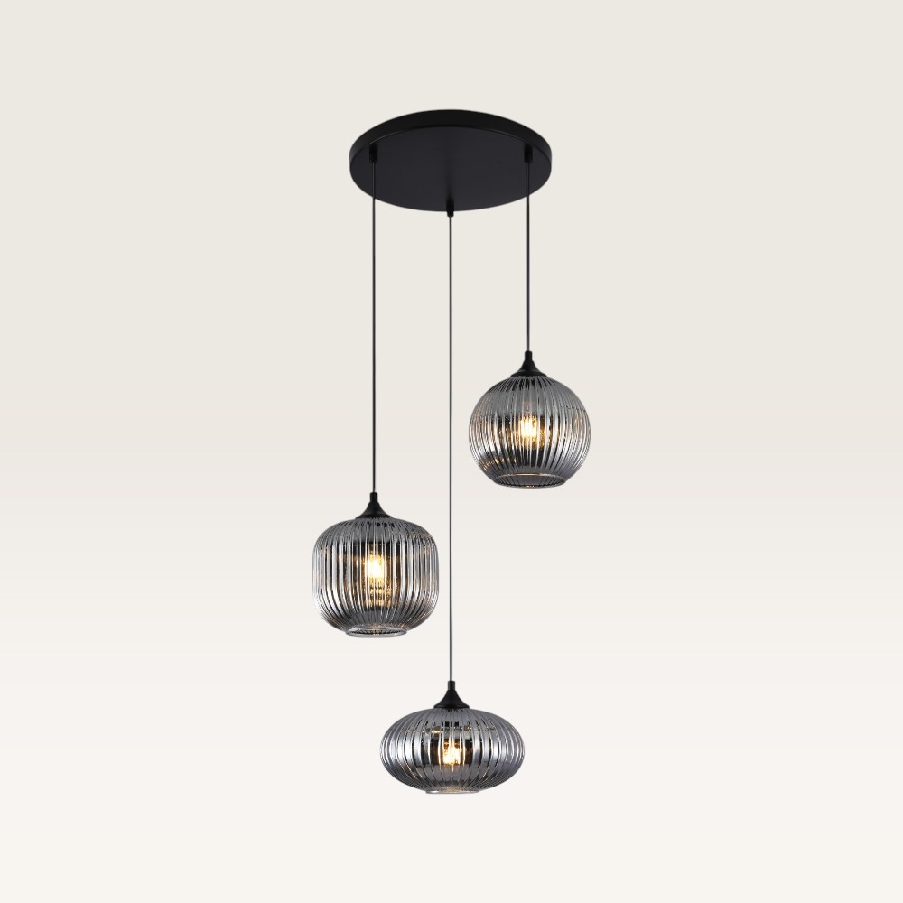 Pendant lamp Virello misto vetro fumé IIl - Three ribbed smoked glass globes