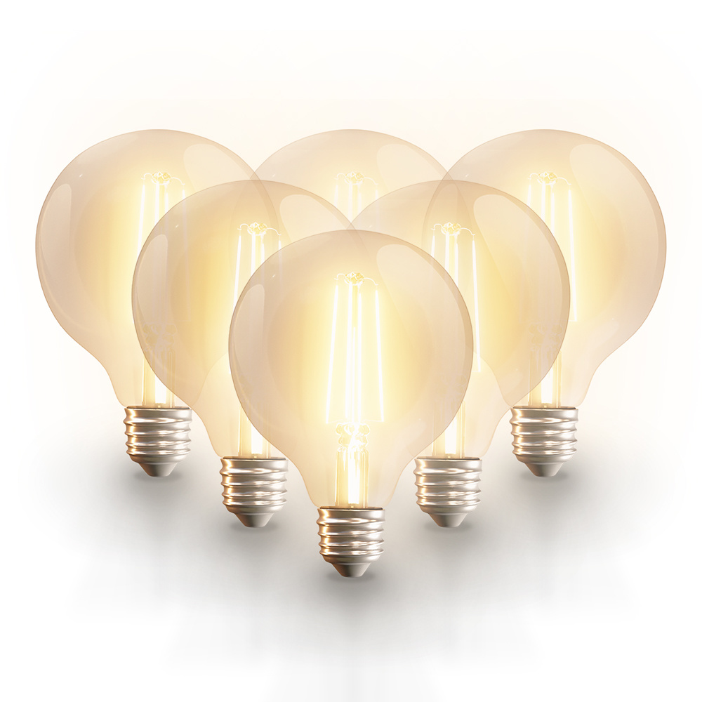 6x Smart E27 filament Lampen - G95 - 7W 806lm - CCT Wit Ambience - Wifi + Ble