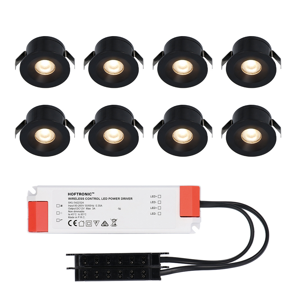 8x Cadiz LED 12V Mini LED Einbaustrahler - 3W 200lm - 2700K - IP44 - Schwarz