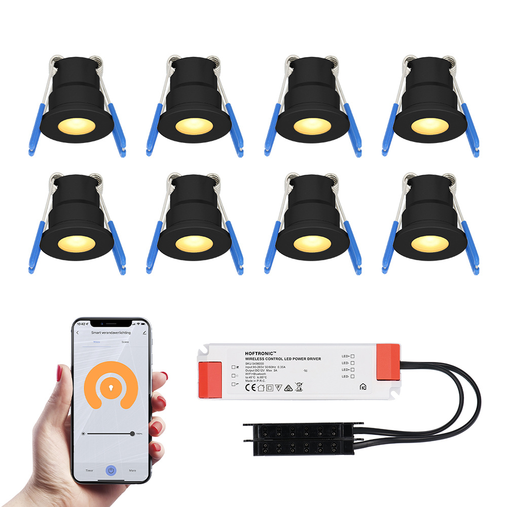 8x Milano Smart Mini Inbouwspots met trafo - 12V 3W 200lm - 2700K - IP65 - Zwart