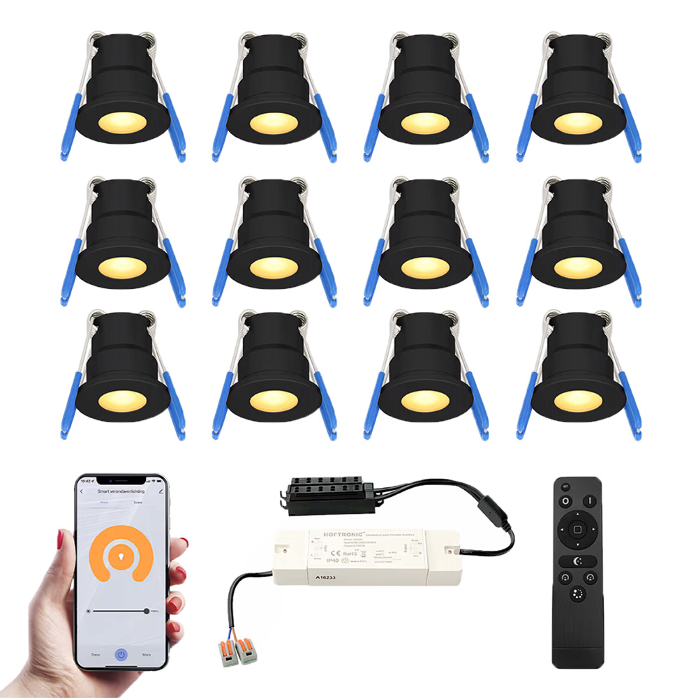 12x Milano Smart Mini Inbouwspots met trafo - 12V 3W 200lm - 2700K - IP65 - Zwart