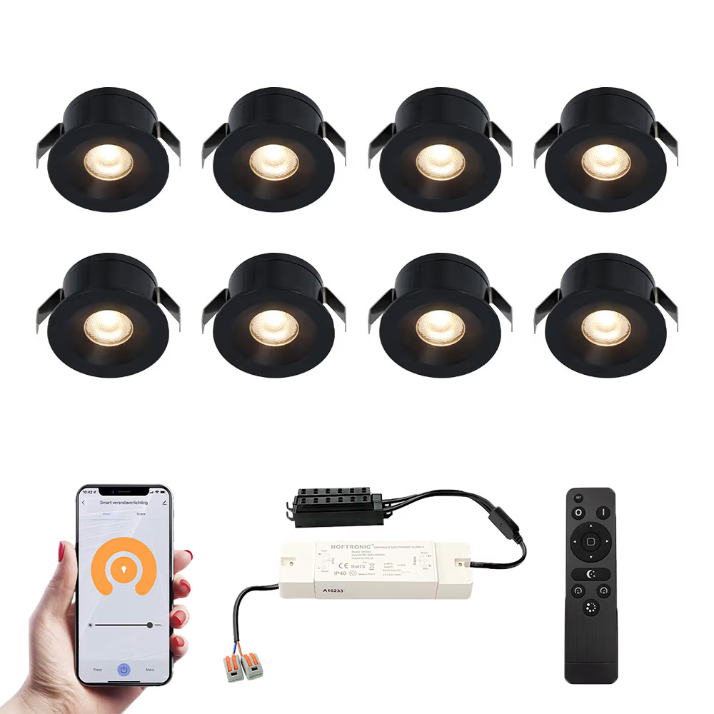 8x Cadiz Smart Mini LED Spotlights with trafo - 12V 3W 200lm - 2700K - IP44 - Black