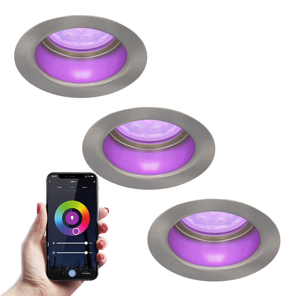 3x Mari smart Recessed Downlights - 5,5W 345lm - WiFi - RGBWW - Stainless steel