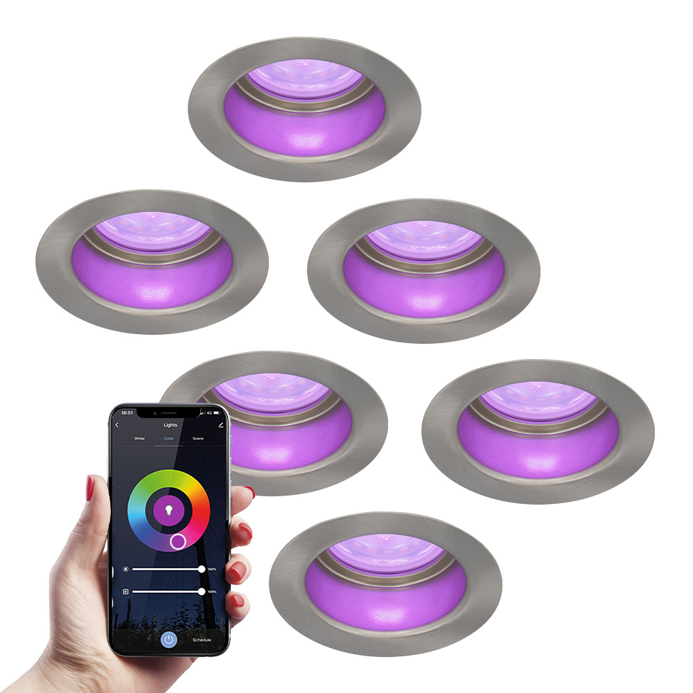 6x Mari smart Recessed Downlights - 5,5W 345lm - WiFi - RGBWW - Stainless steel